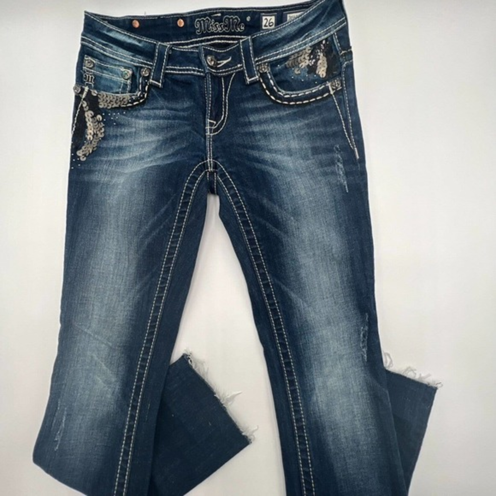 Miss Me Embellished Jeans Size 26‎ Straight leg designer Exclusive Buckle 8